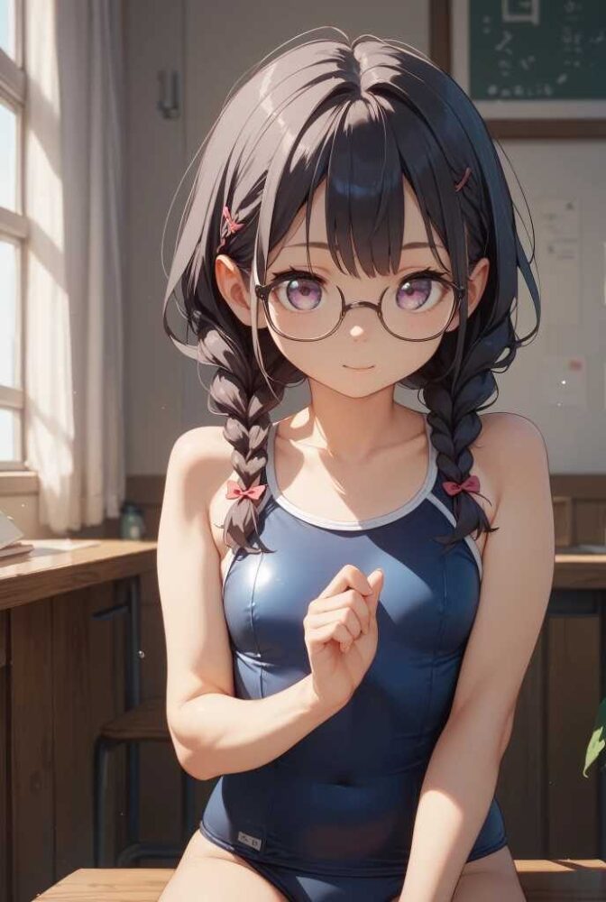 スクール水着を着た学級委員長タイプのメガネ美少女