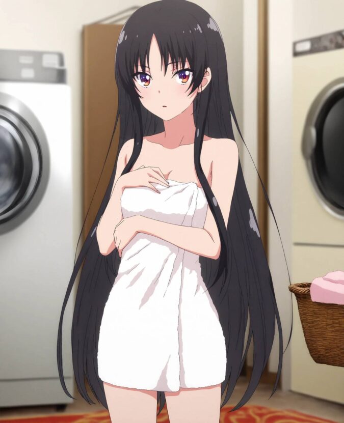 お風呂上がりでバスタオルを巻いただけの美少女