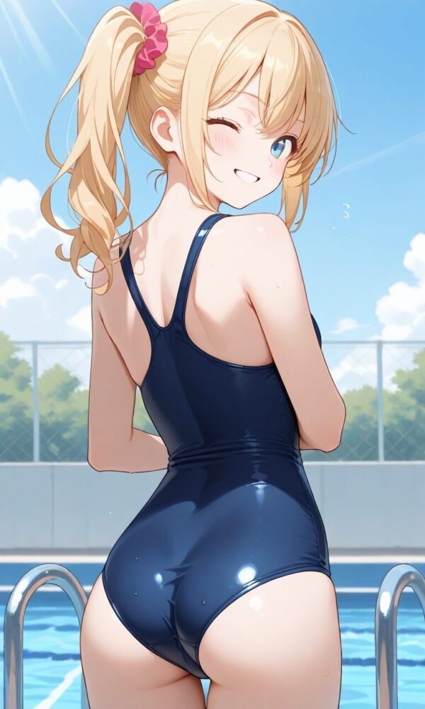 スクール水着姿の金髪美少女