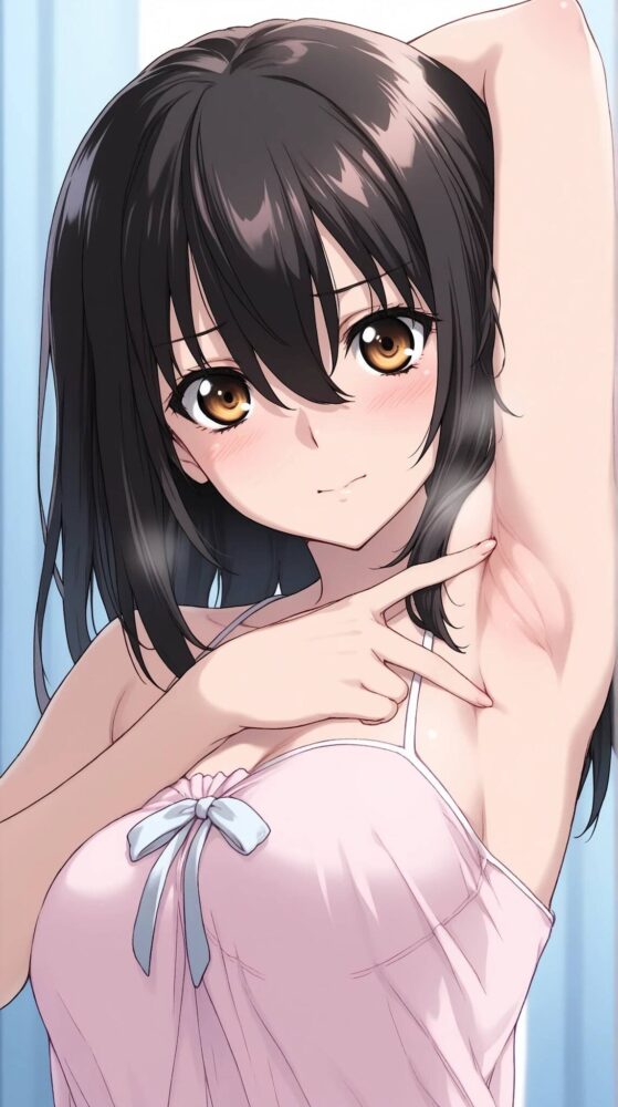 美少女が恥ずかしそうにしながら脇を見せている