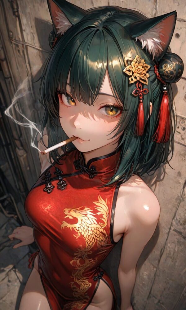 タバコを吸うチャイナ服の猫耳美少女